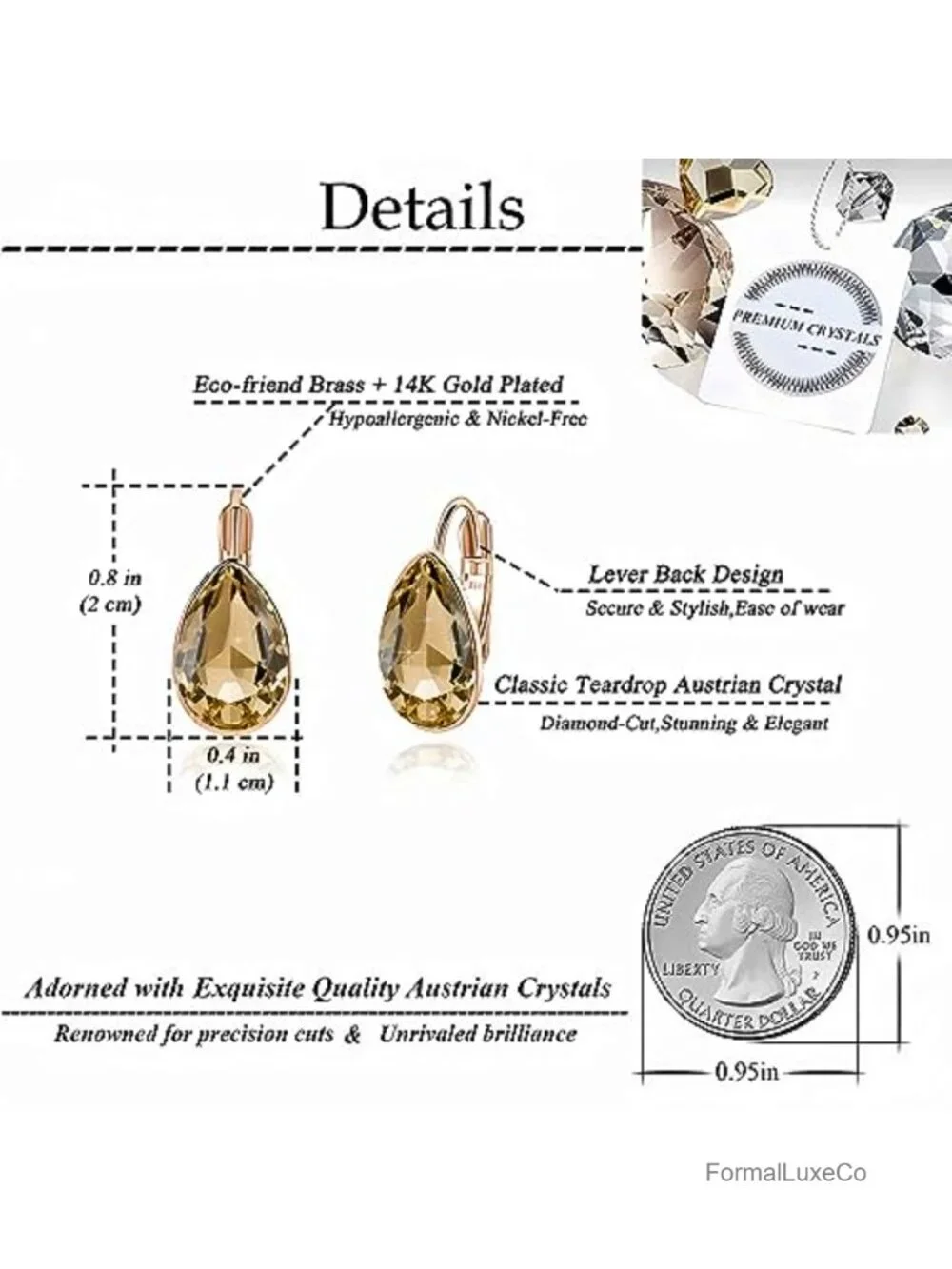 Austrian Crystal Teardrop Leverback Drop Earrings 14K Gold Plated Women Dangle